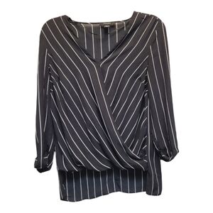 Atmosphere Black and White Striped Wrap Blouse with 3/4 Sleeves - Size 8
